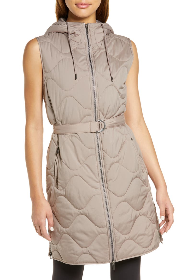 Belted Quilted Longline Recycled Polyester Vest, Alternate, color, TAN
