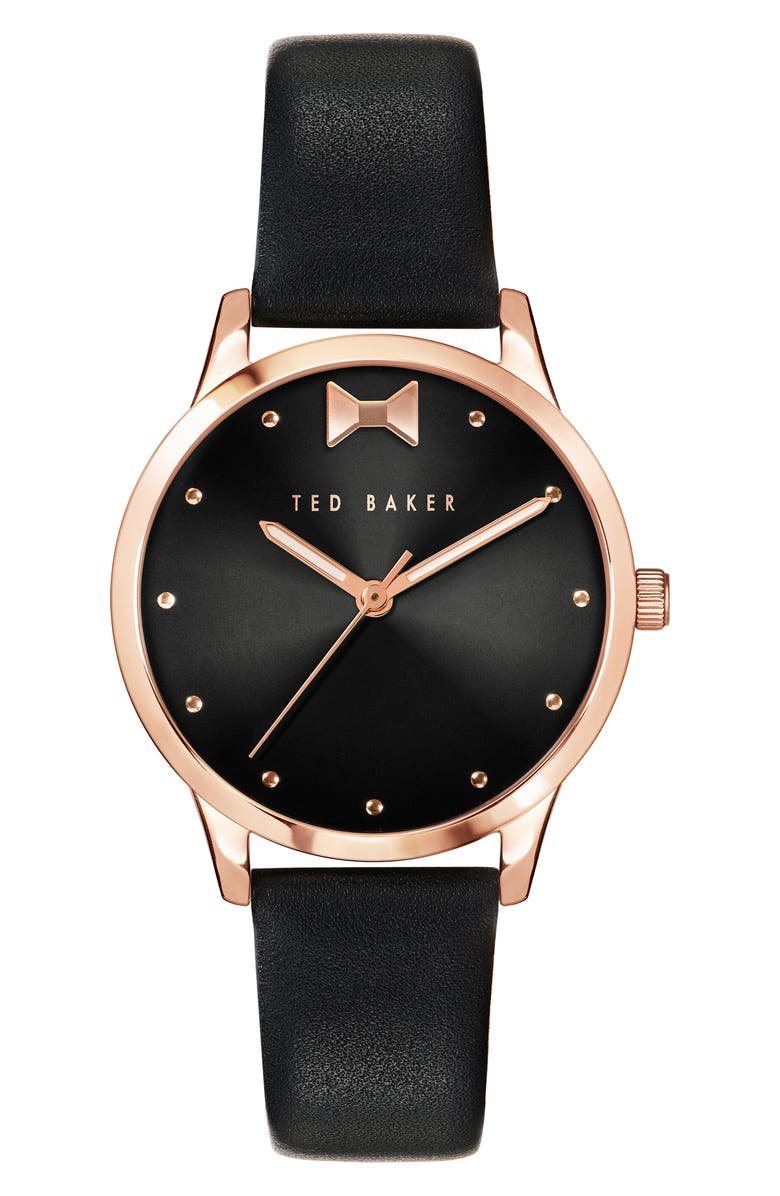 Ted Baker London Fitzrovia Bow Leather Strap Watch, 34mm, Main, color, Black