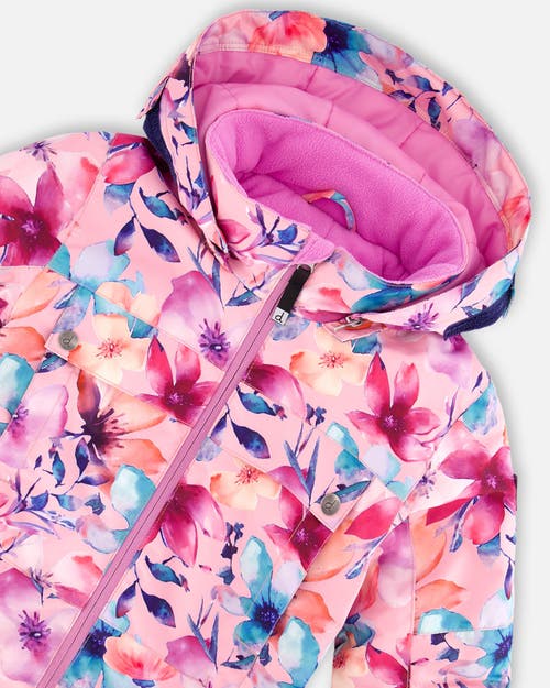 Deux Par Deux One-piece Teknik Snowsuit Watercolor Flower In Pink