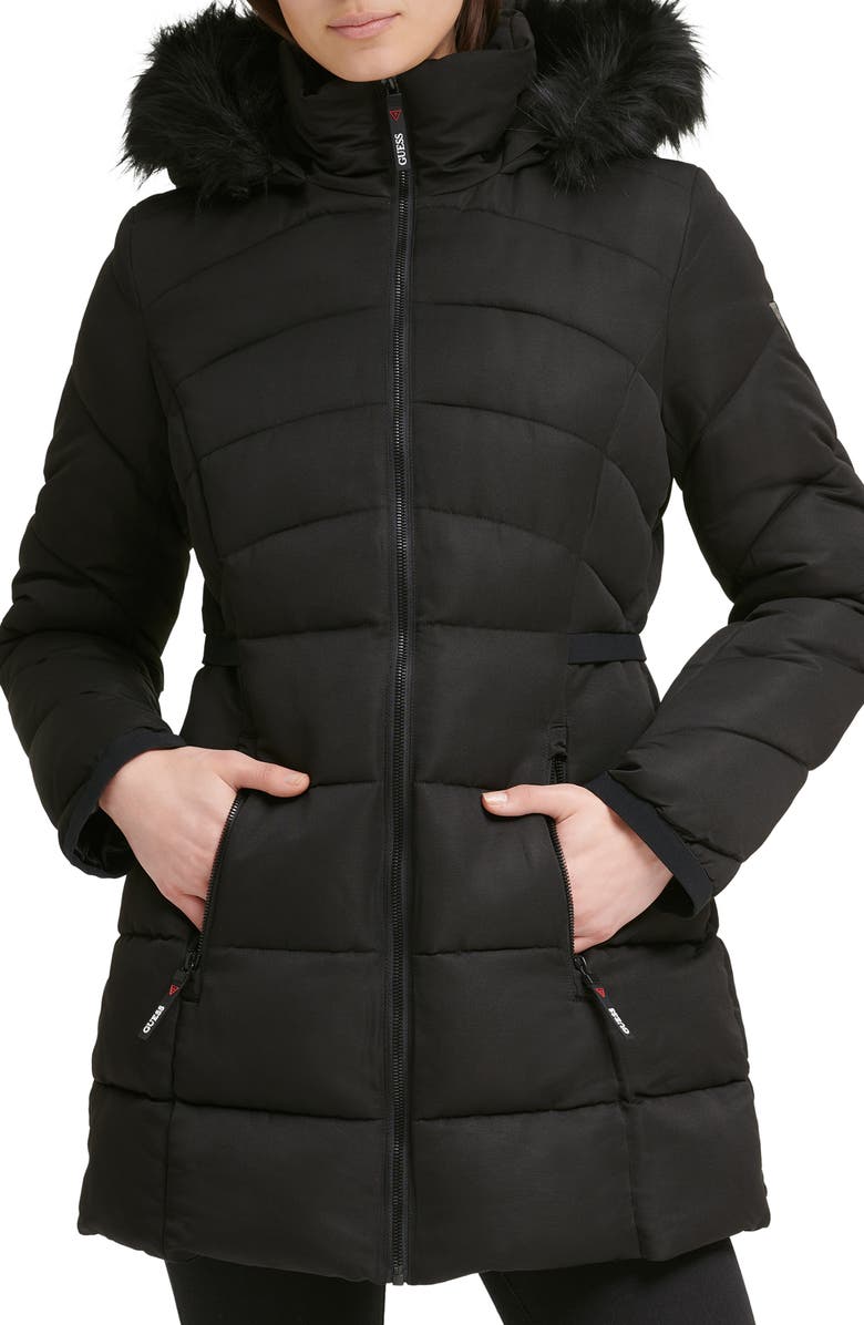 GUESS Faux Fur Trim Hooded Puffer Jacket, Alternate, color, 