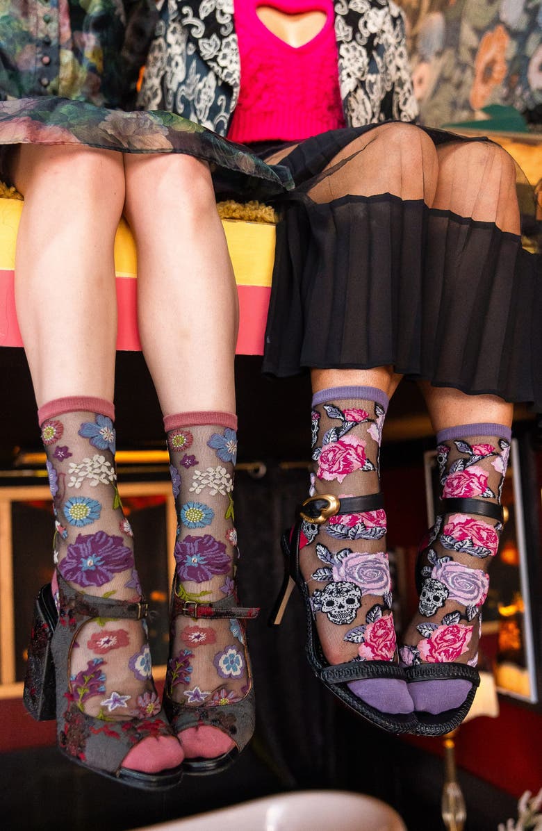 Sock Candy Midnight Blooms Sheer Crew Socks, Alternate, color, Black