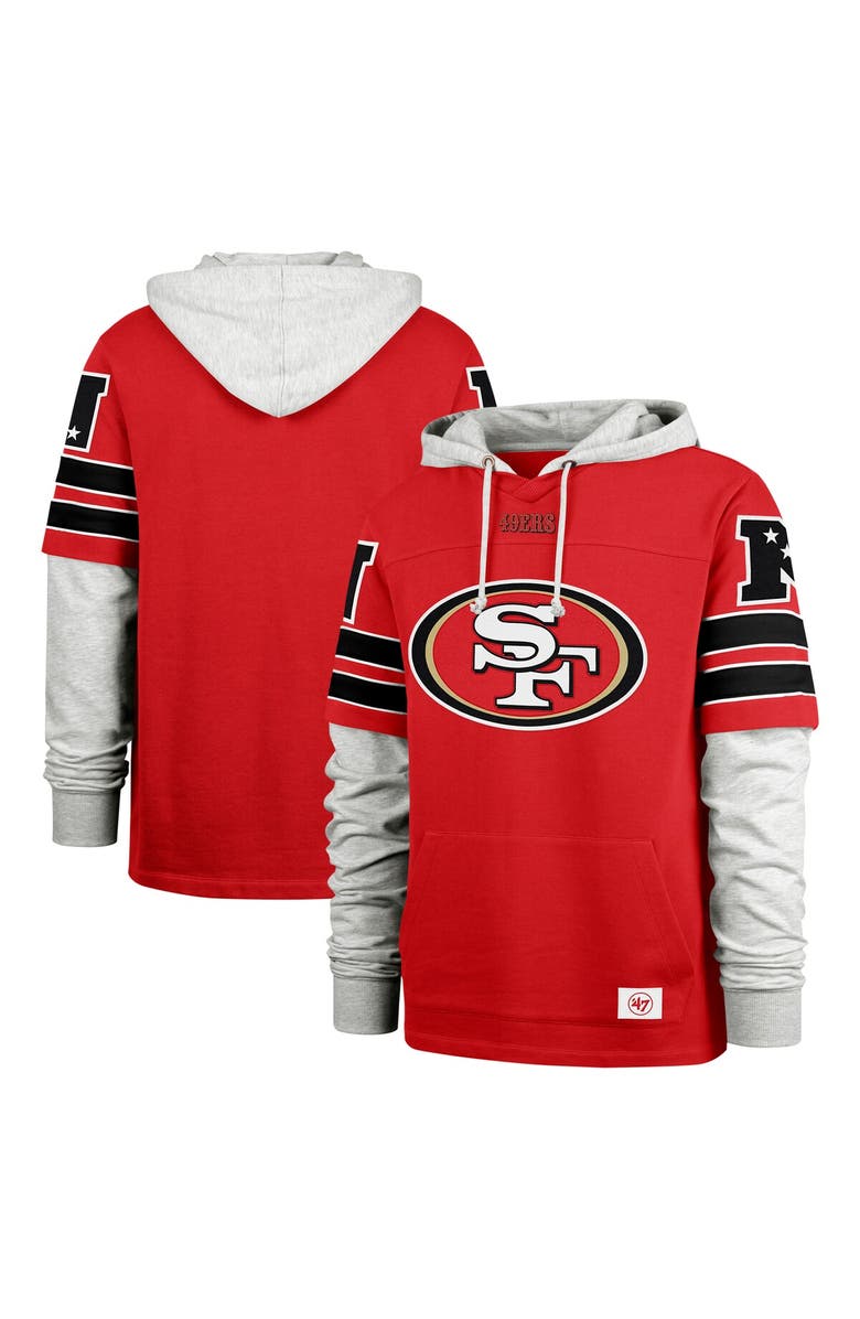 '47 Men's '47 Scarlet San Francisco 49ers Double Header Blitz Cornerback Pullover Hoodie, Main, color, 