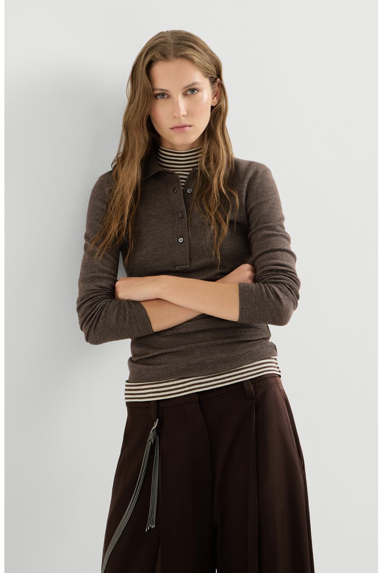 Sparkling virgin wool jersey polo shirt, Alternate, color, Coffee