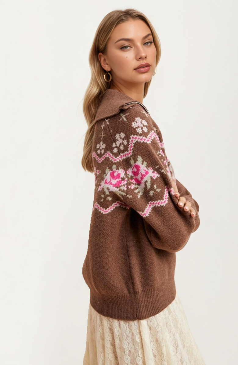 Knit and Lounge Half-Zip Floral Fair Isle Sweater, Alternate, color, Brown Floral