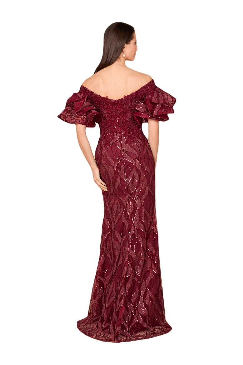 Off Shoulder Mermaid Beaded Gown with Tiered Sleeves, Alternate, color, Wine