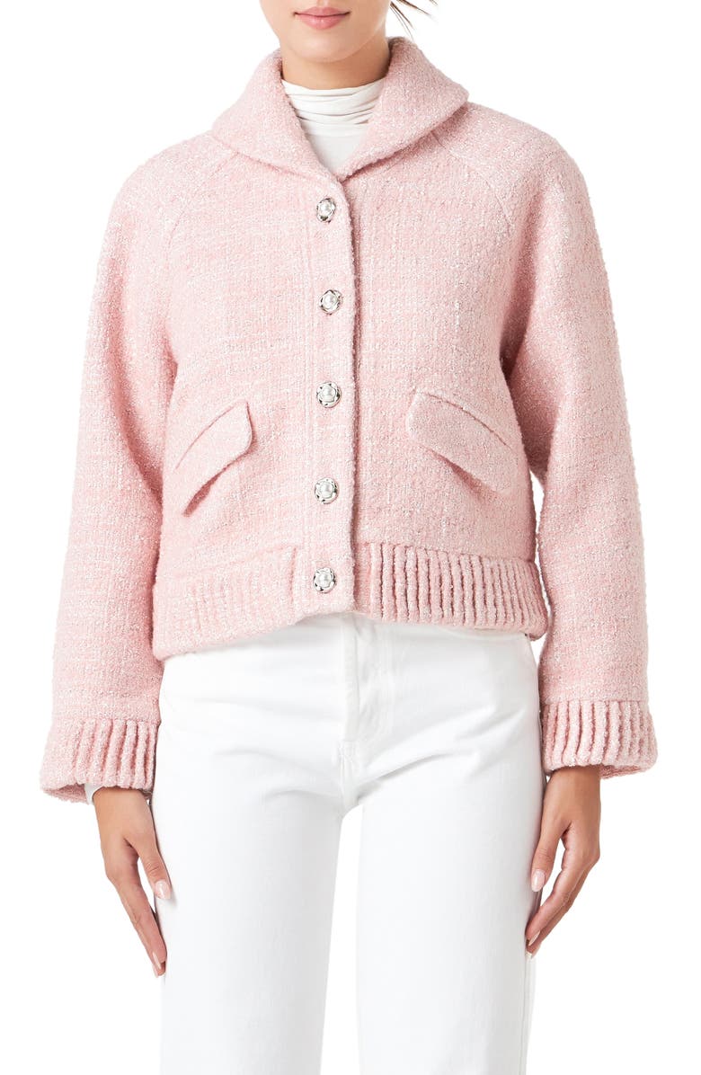 Endless Rose Metallic Tweed Jacket, Main, color, Blush Pink