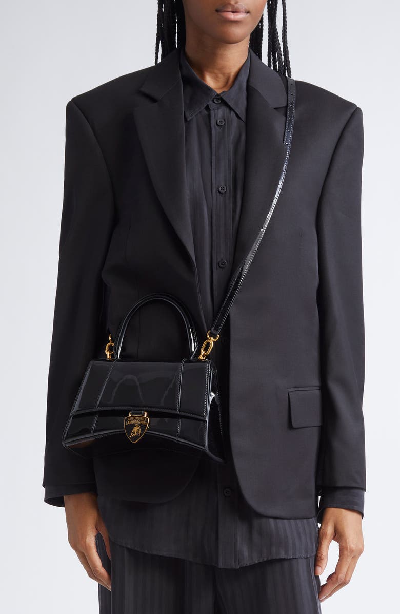 Balenciaga x Automobili Lamborghini Small Hourglass Patent Leather Top Handle Bag, Alternate, color, 1000 Black