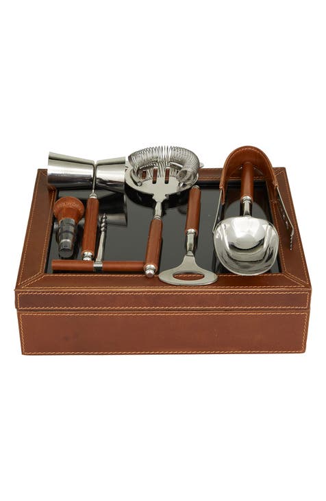 Brown Leather 7-Piece Bar Tool Set with Decorative Box