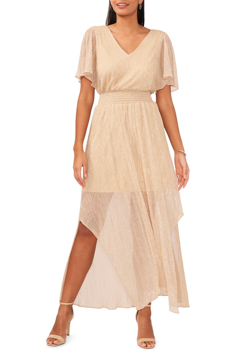 Metallic Flutter Sleeve Maxi Dress, Alternate, color, GOLD
