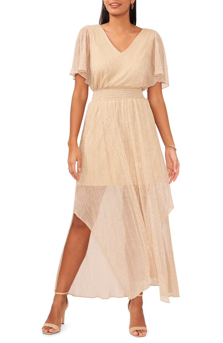 Chaus Metallic Flutter Sleeve Maxi Dress, Alternate, color, Gold