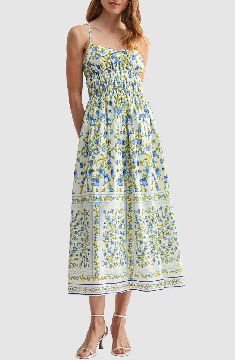 Lush Smocked Waist Midi Dress, Main, color, Ivory Blue Floral