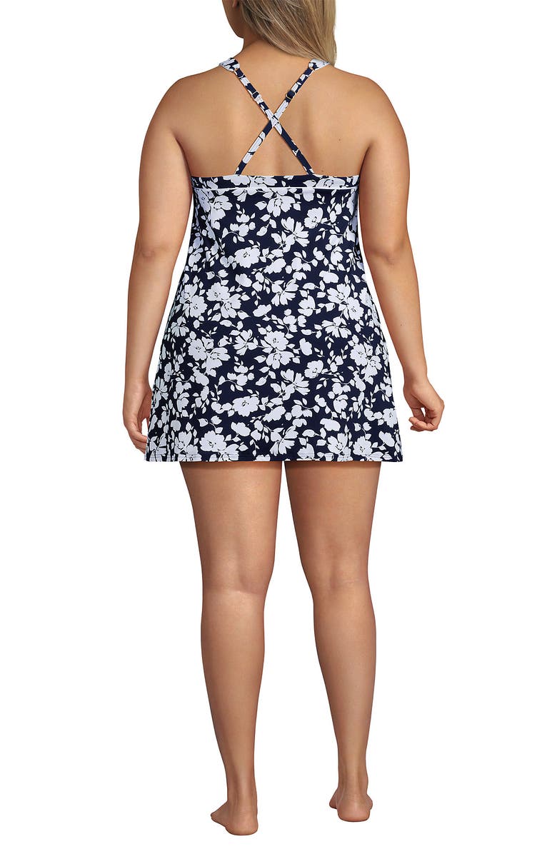 Lands' End High Neck Swim Dress Swimsuit, Alternate, color, Navy Blossom Floral