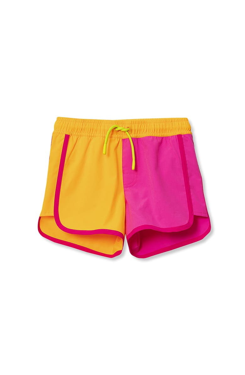 Lands' End Girls Colorblock Board Shorts, Main, color, Orange/Pink Colorblock