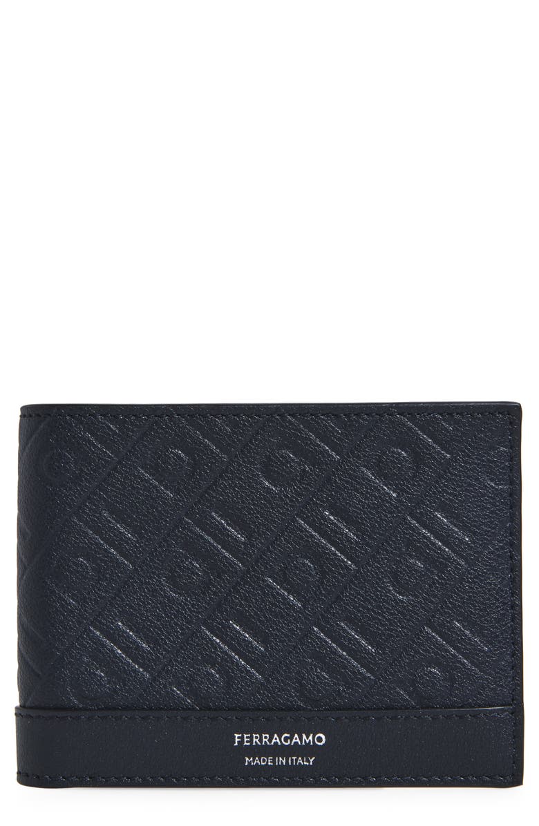FERRAGAMO Gancio Embossed Leather Bifold Wallet, Main, color, Bluemarine