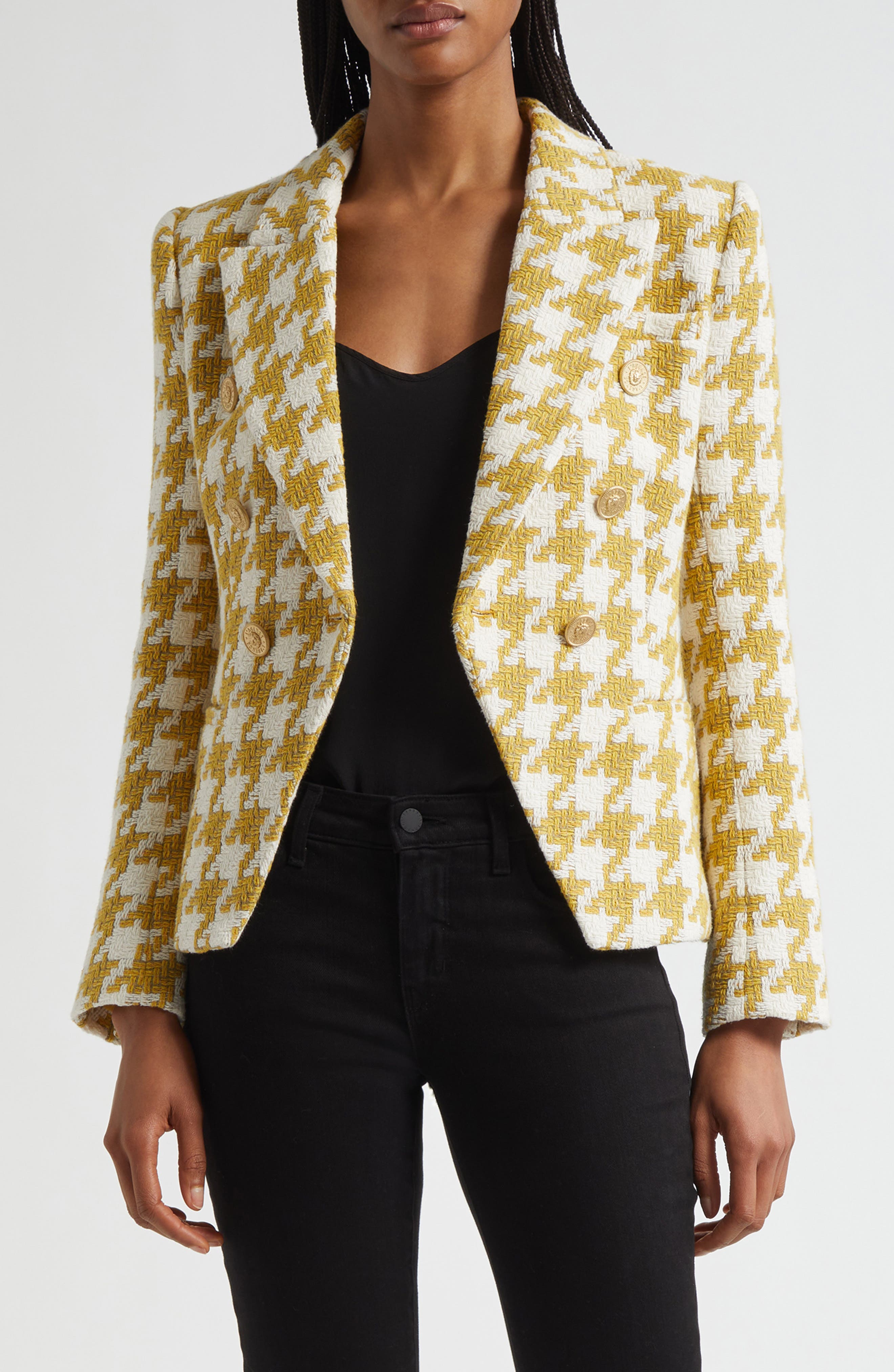 L'AGENCE Marie Houndstooth Tweed Double Breasted Blazer