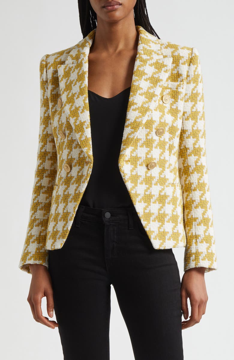 L'AGENCE Marie Houndstooth Tweed Double Breasted Blazer, Main, color, Ceylon Yellow Houndstooth