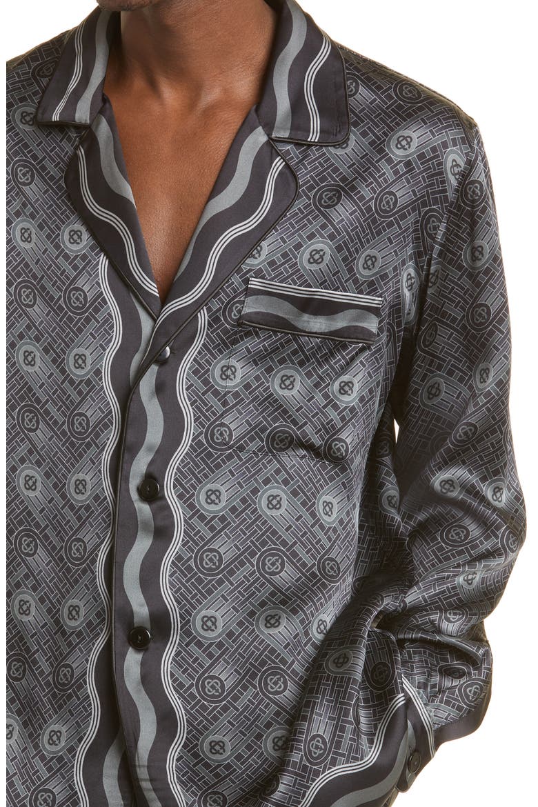 Men's Ping Pong Print Silk Button-Up Pajama Shirt, Alternate, color, BLACK PING PONG MONOGRAM