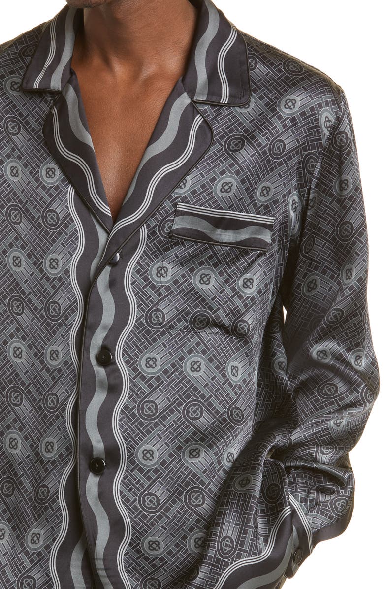 Casablanca Men's Ping Pong Print Silk Button-Up Pajama Shirt, Alternate, color, 