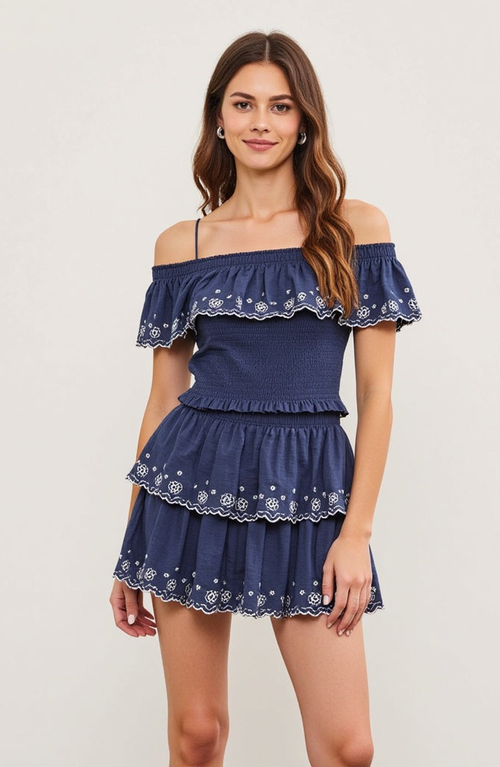 Modenaire Tiered Eyelet Embroidered Ruffle Shorts With Smocked Waist In Navy Blue