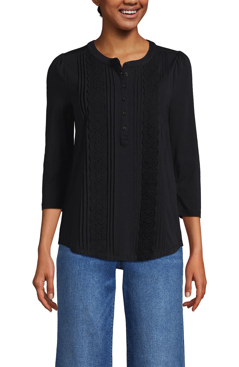 Lands' End 3/4 Sleeve Lightweight Jersey Embellished Top, Alternate, color, Black