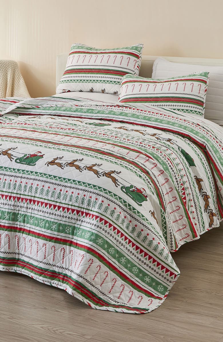 Woven & Weft Winter Themed 3-Piece Quilt Set, Alternate, color, Festive Stripes