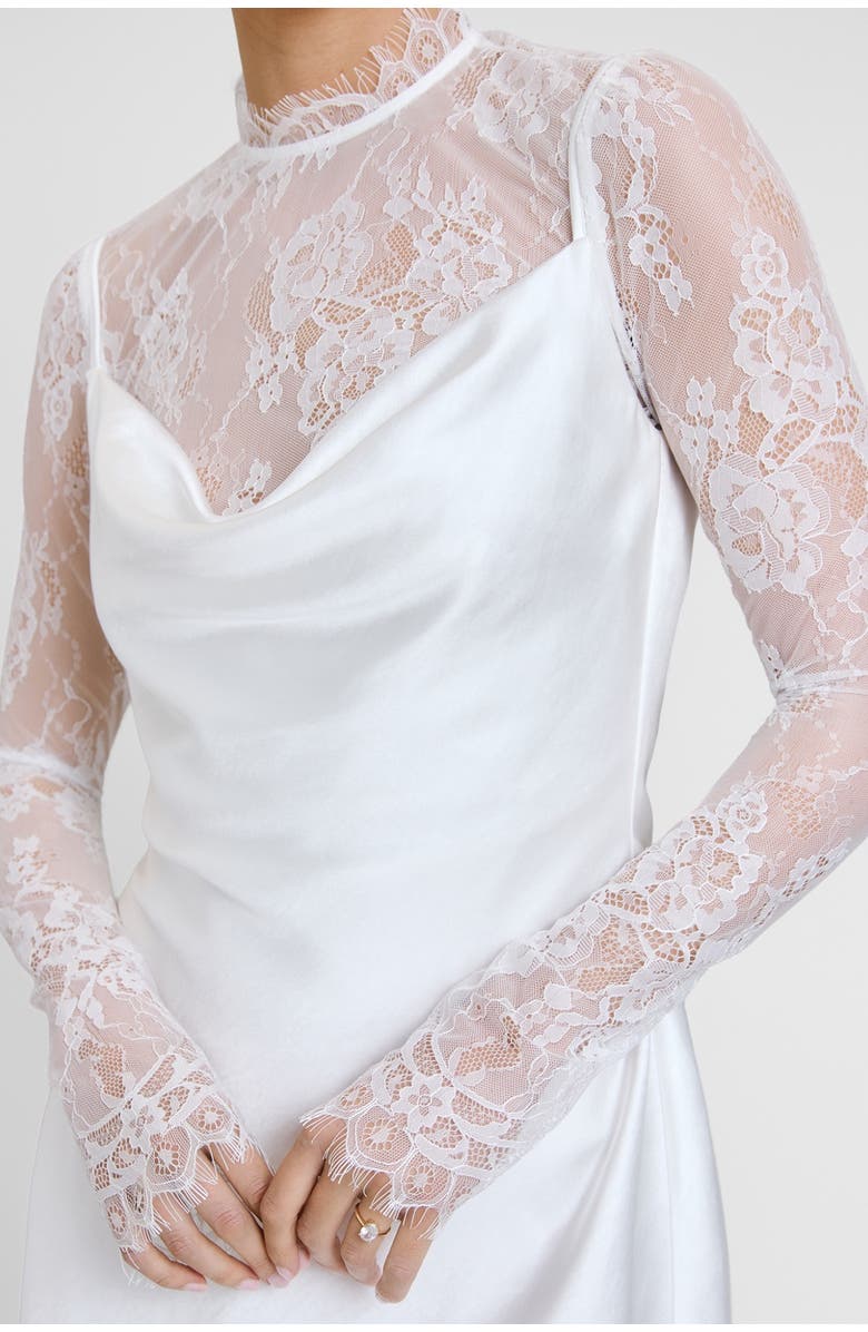 Six Stories Lace Sleeve Cowl Satin Mini Dress, Alternate, color, White