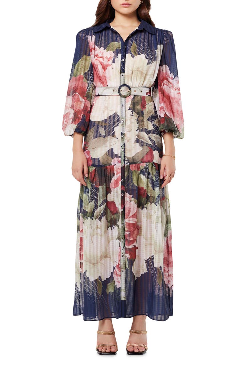 Upstage Floral Print Maxi Shirtdress, Main, color, BLUE MULTI