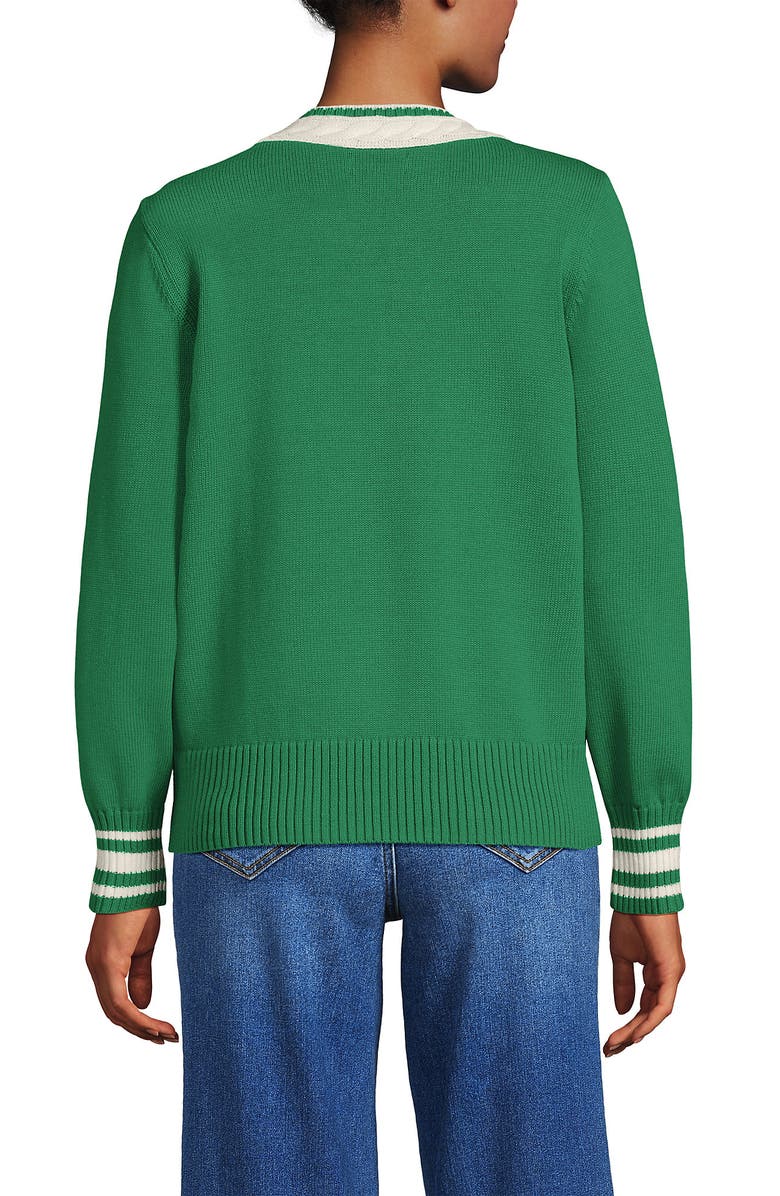 Lands' End Drifter Set in Sleeve Vneck Sweater, Alternate, color, Vibrant Clover/Ivory Tipping