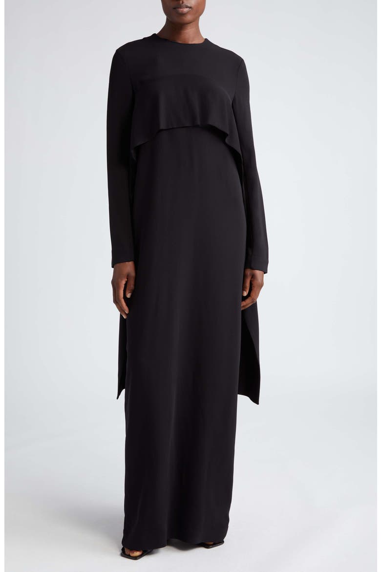 Cape Overlay Long Sleeve Maxi Dress, Main, color, BLACK