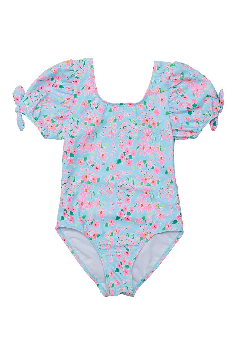 Daisy Chain Puff Sleeve One-Piece Swimsuit, Main, color, BLUE