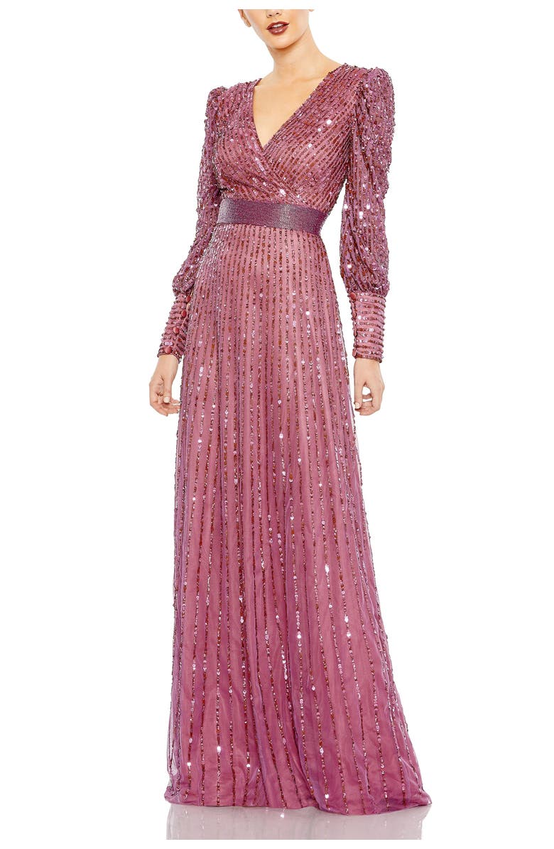 Mac Duggal Sequined Wrap Over Bishop Sleeve Gown, Main, color, Mauve