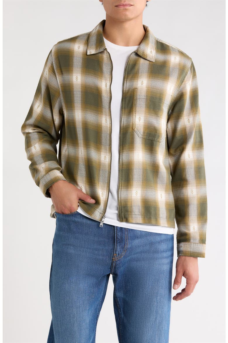 Larkspur Plaid Cotton Flannel Zip Overshirt, Main, color, MOSSY OLIVE