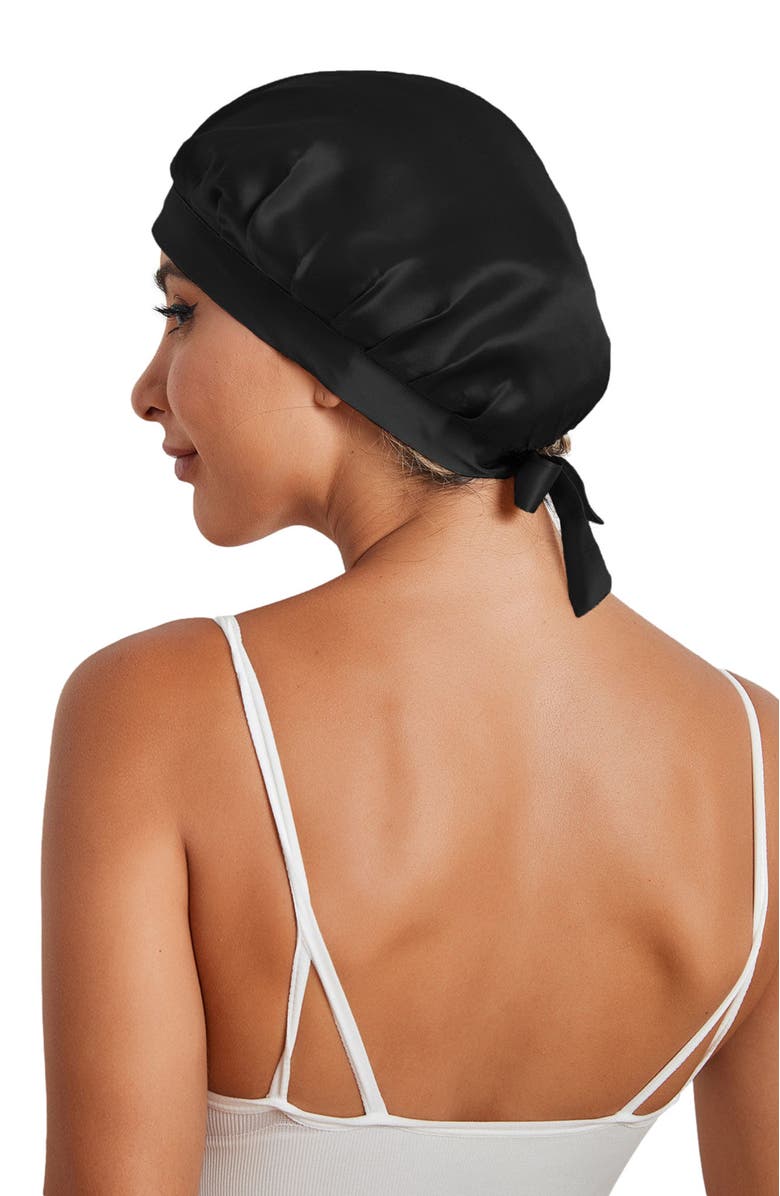 SILKSILKY Pure Silk Classic Ribbon Bonnet, Main, color, Black