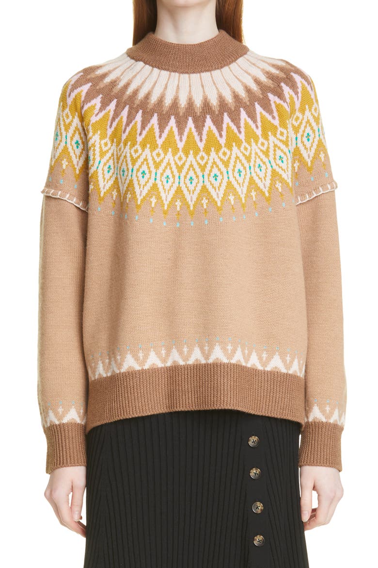 Fair Isle Merino Wool Mock Neck Sweater, Main, color, TAN MULTI