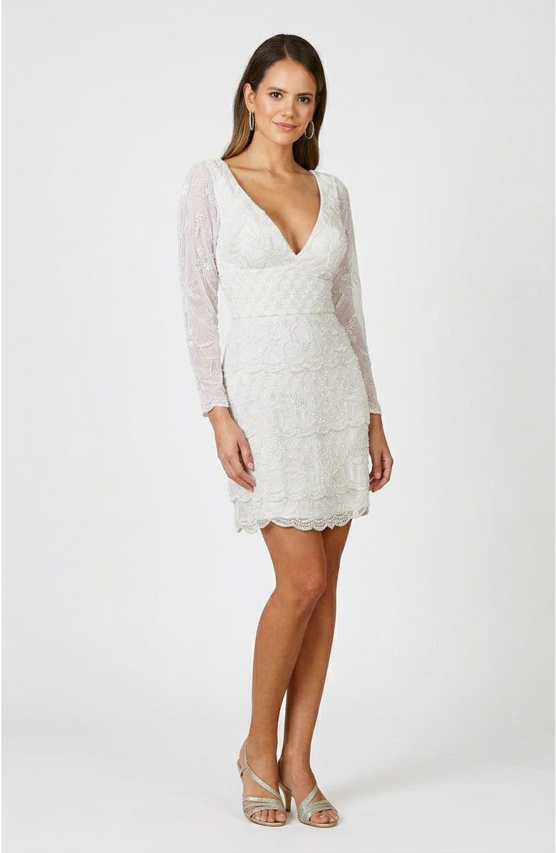 LARA New York Goldie Beaded V-Neck Mini Dress, Alternate, color, Ivory
