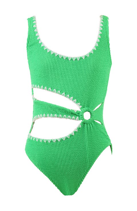 Textured Cutout Embroidery Edging with Ring-Detail One-Piece Swimsuit