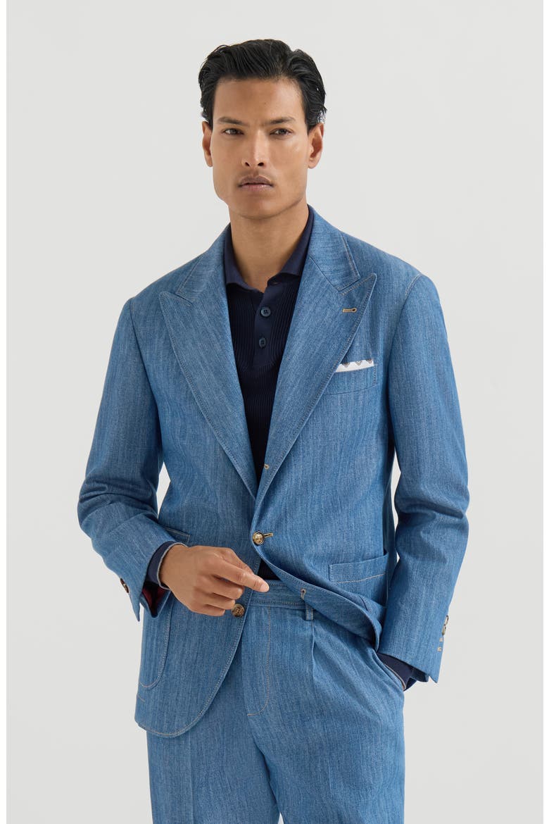 Lightweight denim deconstructed peak-lapel blazer with patch pockets, Main, color, Medium Denim