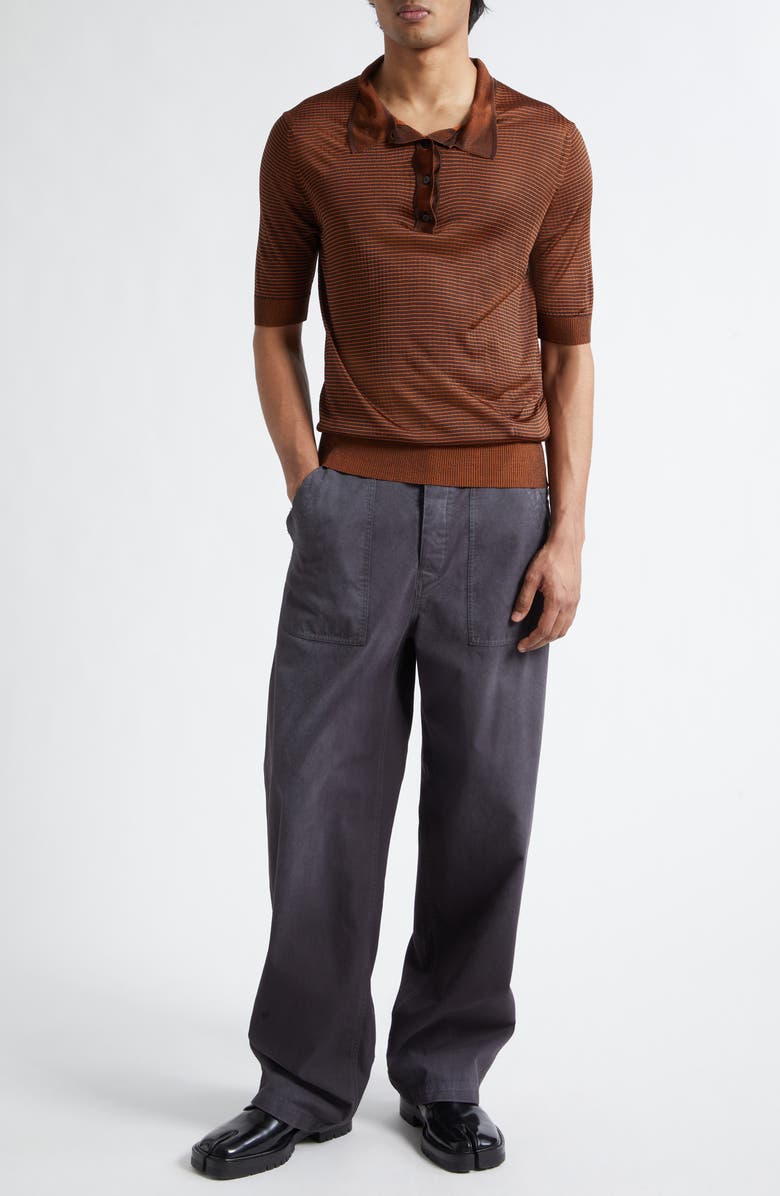 Maison Margiela Stripe Plaited Rib Polo Sweater, Alternate, color, Dark Brown/ Orange