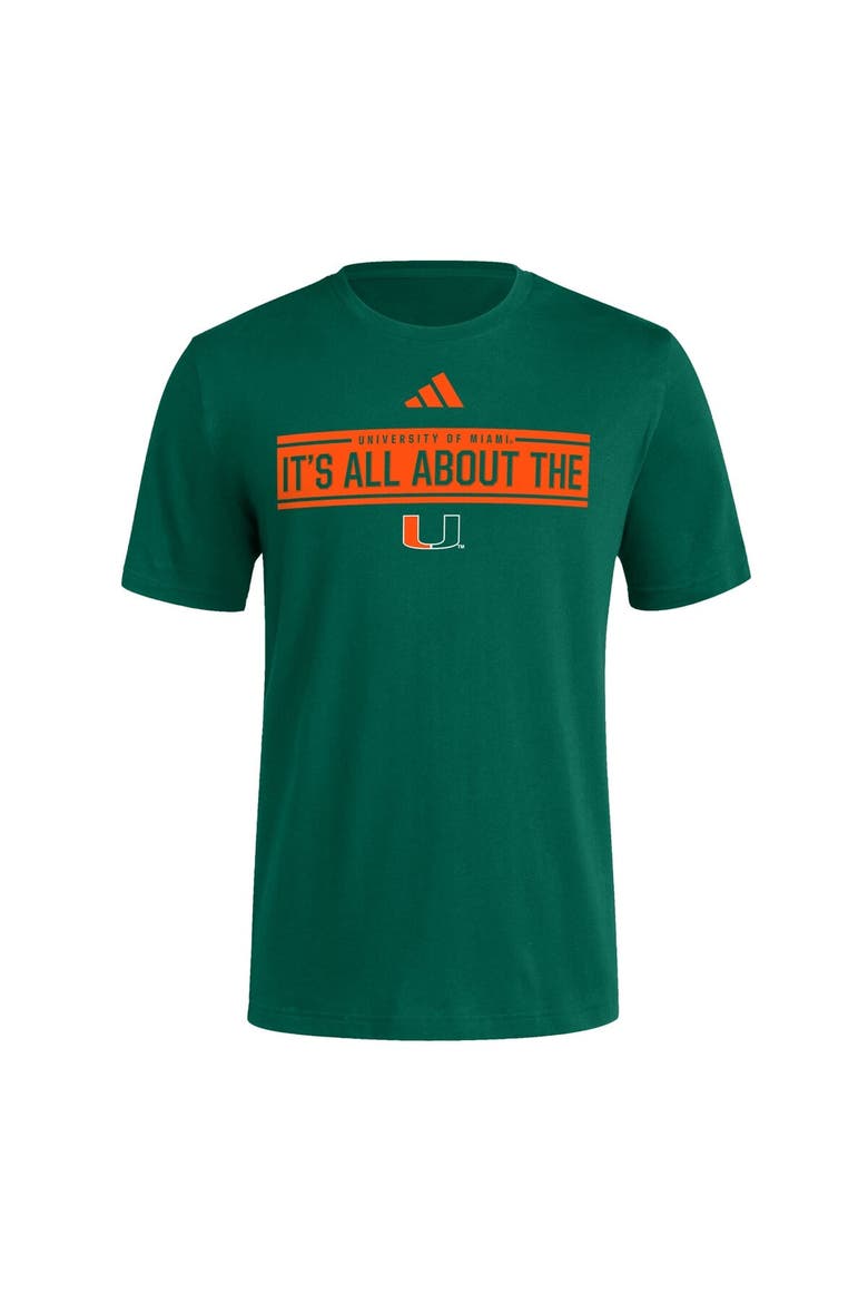 Men's adidas Green Miami Hurricanes Locker Slogan Pre-Game T-Shirt, Alternate, color, Green