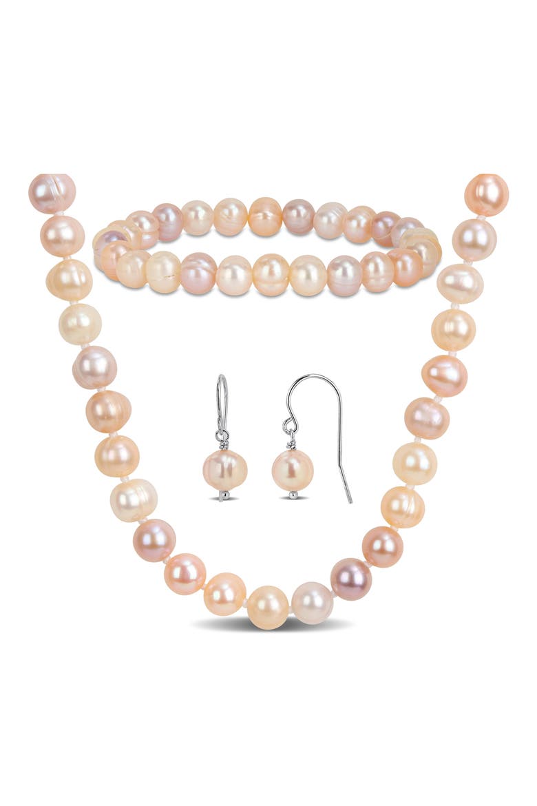 Multicolor Cultured Freshwater Pearl Necklace, Earrings & Bracelet Set, Main, color, PINK