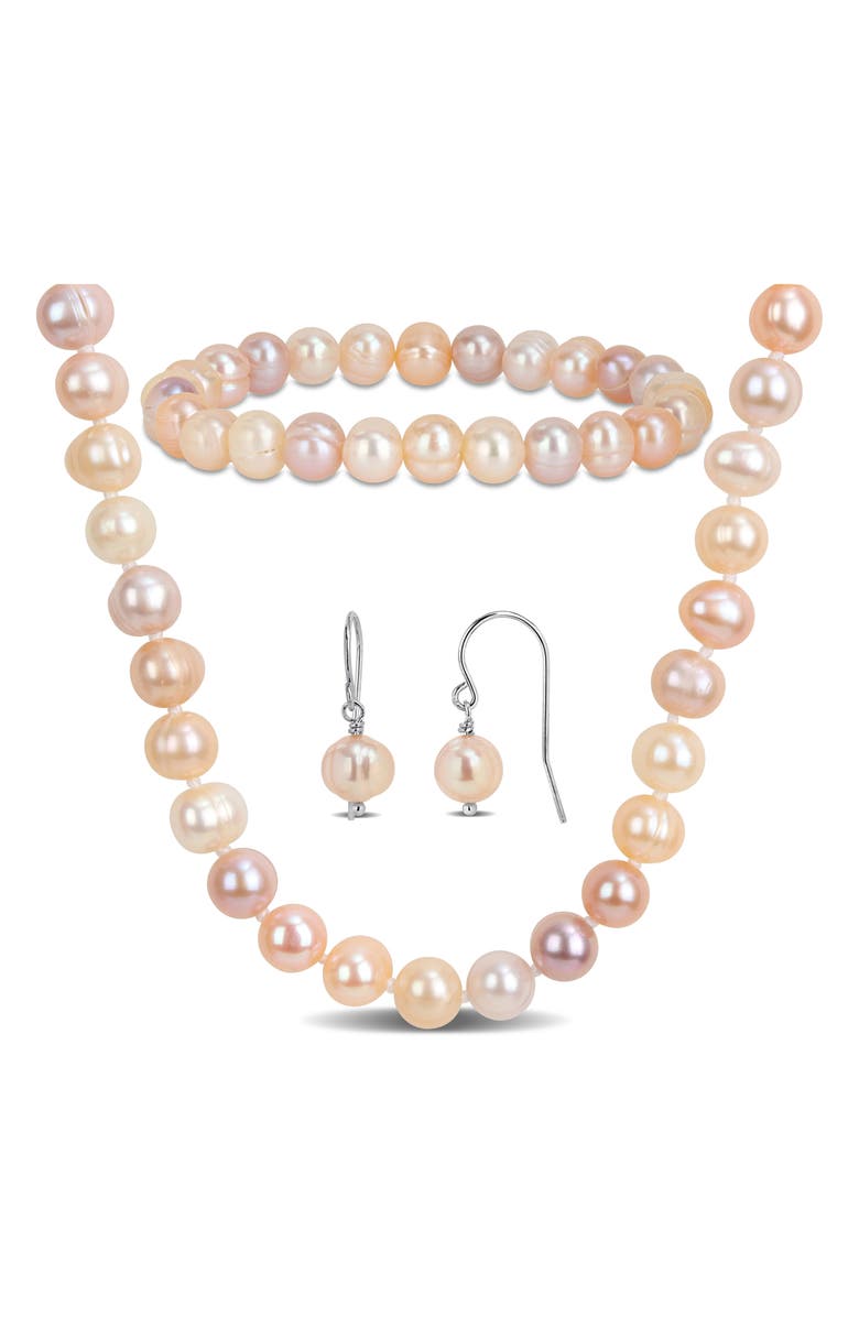 DELMAR Multicolor Cultured Freshwater Pearl Necklace, Earrings & Bracelet Set, Main, color, Pink