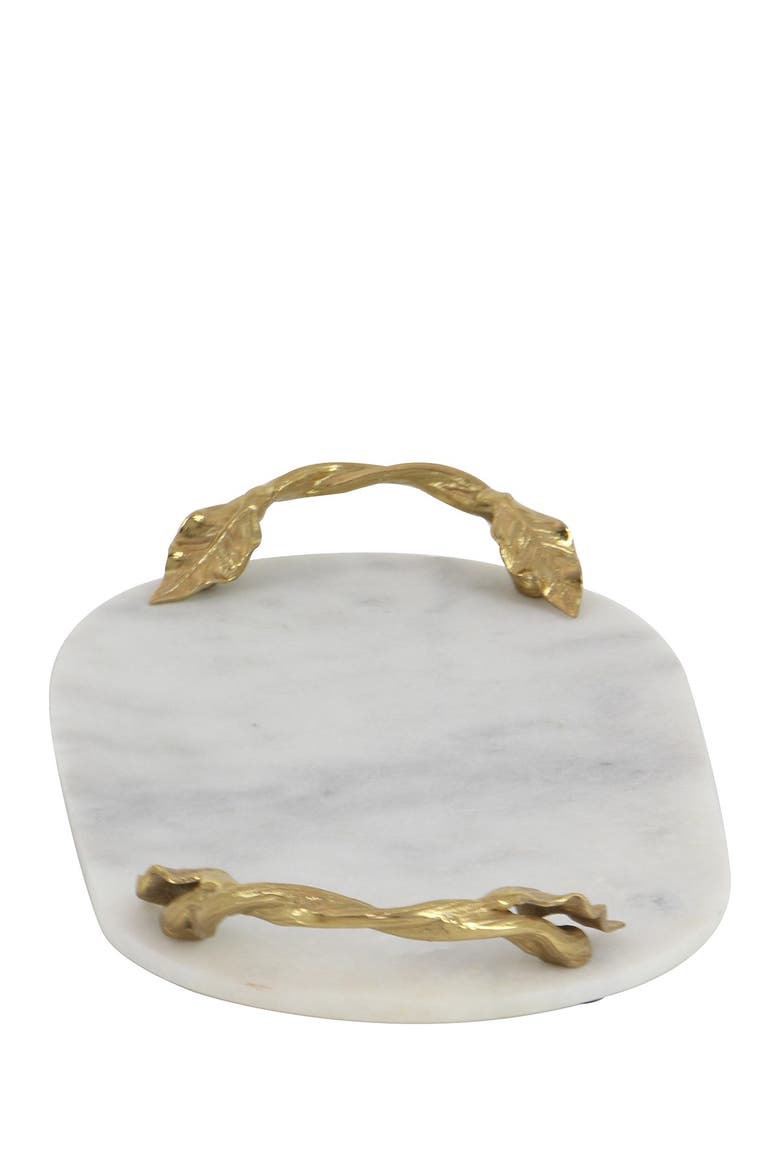 White Marble Glam Tray with Goldtone Twisted Leaf Handles, Alternate, color, WHITE