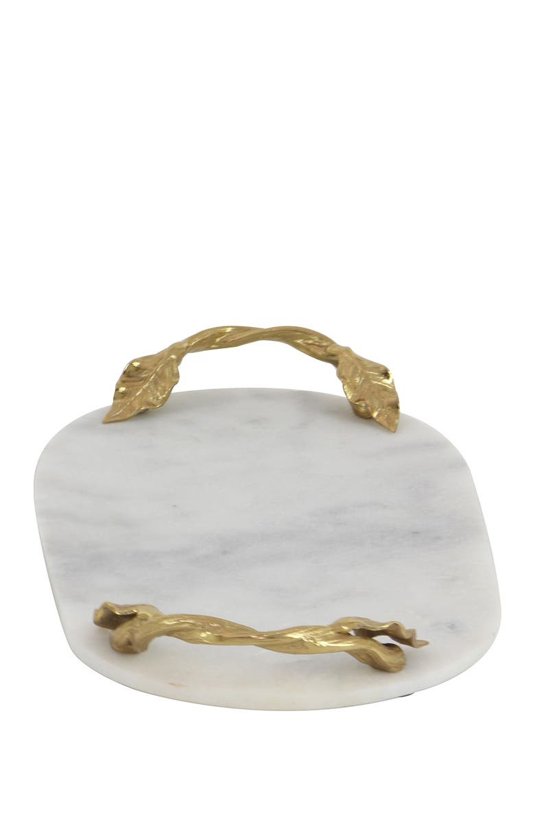WILLOW ROW White Marble Glam Tray with Goldtone Twisted Leaf Handles, Alternate, color, White