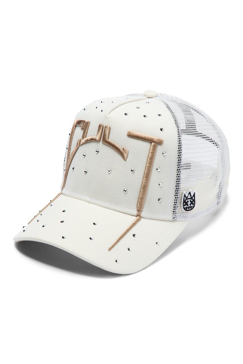 Arch Logo Crystal Embellished Trucker Hat, Main, color, WINTER WHITE