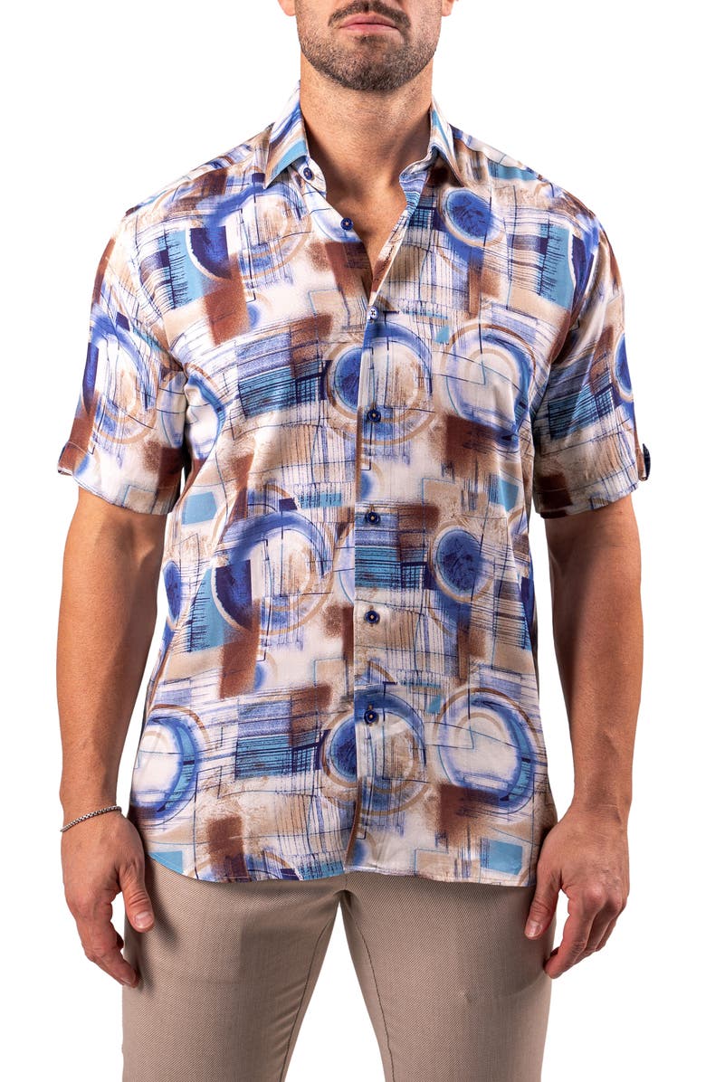 Maceoo Galileo Resistance Abstract Print Short Sleeve Button-Up Shirt, Main, color, Brown