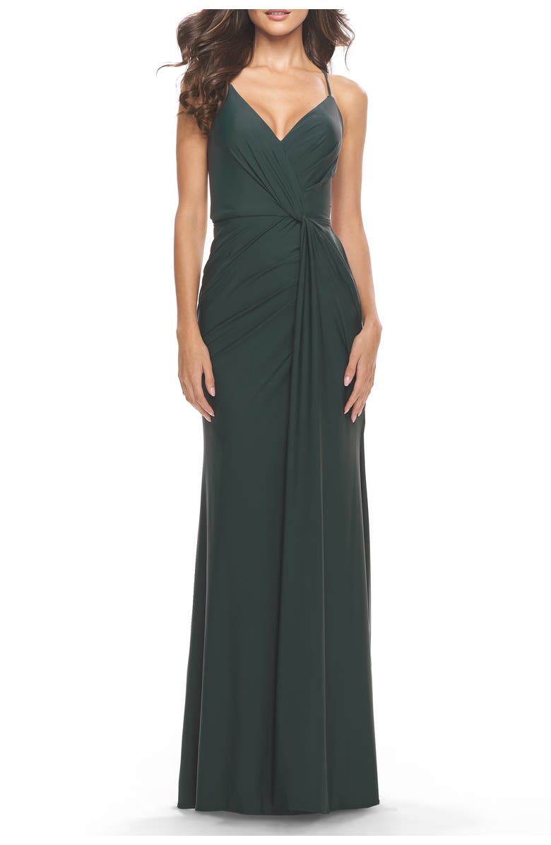 La Femme Soft Jersey Dress with Knot Waist and Lace Up Back, Main, color, Dark Emerald