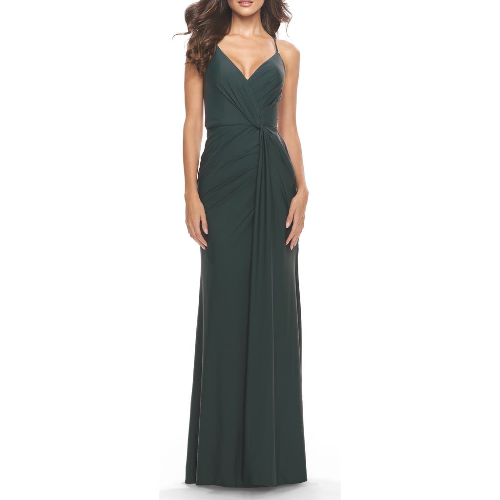 La Femme Soft Jersey Dress With Knot Waist And Lace Up Back