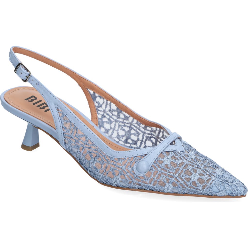 Bibi Lou Embroidered Mesh Slingback Kitten Heels In Celeste