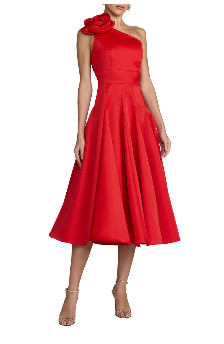 Mac Duggal One Shoulder Satin Midi Dress With 3D Flower, Main, color, Red
