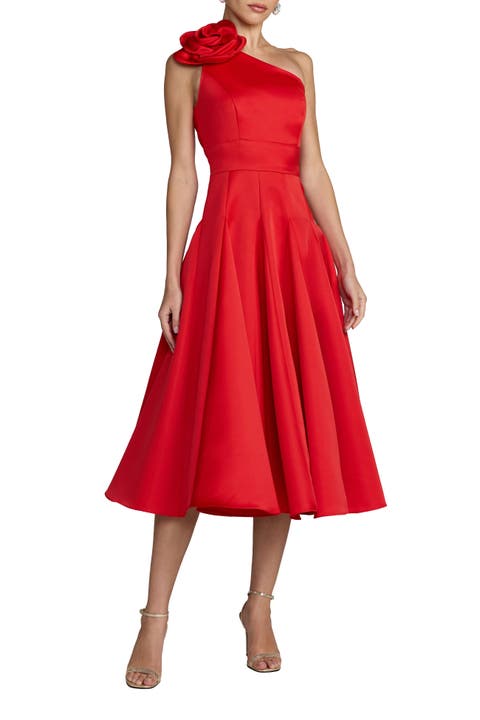 One Shoulder Satin Midi Dress With 3D Flower